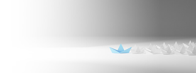 Leadership concept, blue leader boat leading white boats, on blue background. 3D Rendering