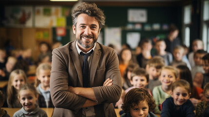 Male teacher with arms crossed smiling in the class at school with students