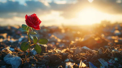 Deurstickers rose flower plant grows on top of piles of rubbish illuminated by natural light as symbol of hope © tropicallife