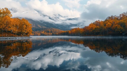 a body of water surrounded by trees with orange and yellow leaves on the trees and a mountain in the distance with clouds in the sky and in the foreground.