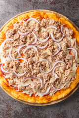 Pizza tonno e cipolla topped with tomato sauce, mozzarella, tuna, and sliced onions closeup on the wooden board on the table. Vertical top view from above