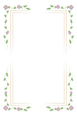 Frame of watercolor pink flowers and green leaves, isolated on white. Border, card, postcard for celebration, congratulation, invitation, greeting, party, birthday, wedding. Background. Vector.