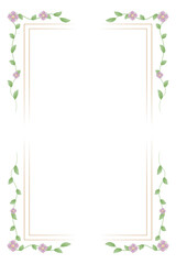 Frame of watercolor pink flowers and green leaves, isolated on white. Border, card, postcard for celebration, congratulation, invitation, greeting, party, birthday, wedding. Background. Vector.