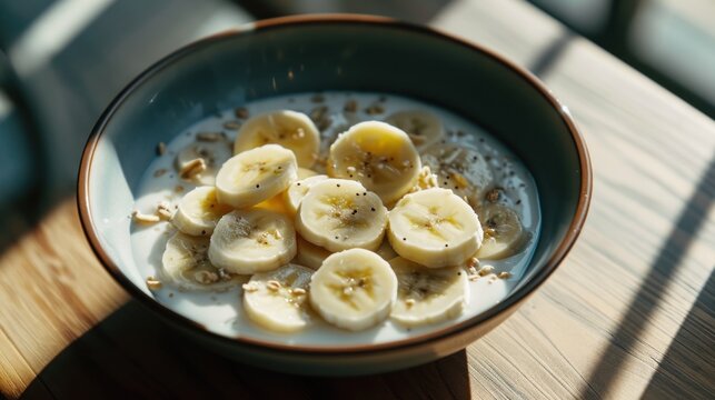  a bowl of oatmeal with bananas and chia seeds on top of a wooden table with a blue bowl of oatmeal next to it.