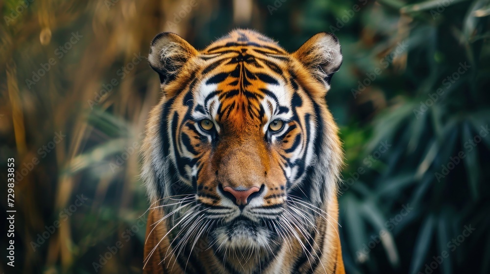 Aufkleber a close up of a tiger's face in front of a background of trees and bushes with a blurry image of a t