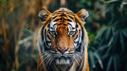  a close up of a tiger's face in front of a background of trees and bushes with a blurry image of a tiger's face in the foreground.