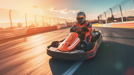 Kart Racer Speeding at Sunset, Dynamic Track Action, Motorsport Rush - obrazy, fototapety, plakaty