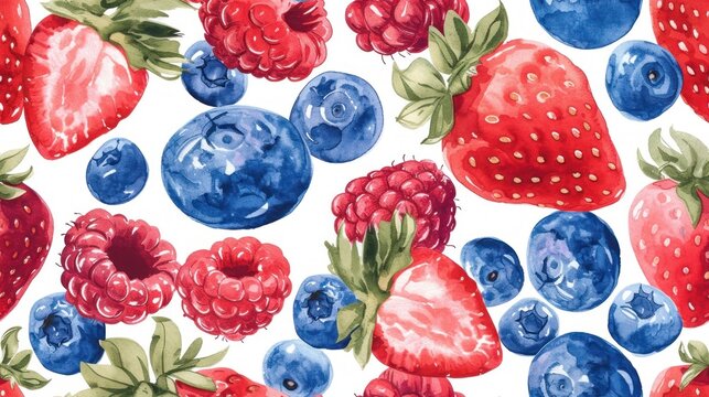  a painting of strawberries, raspberries, blueberries and raspberries on a white background with green leaves and red berries and blueberries on the bottom.
