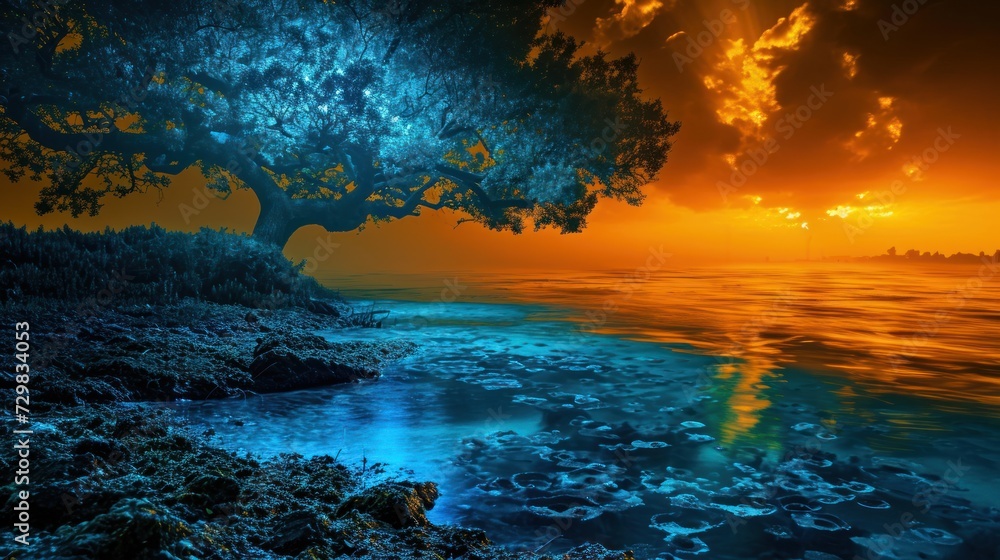 Poster a painting of a sunset over a body of water with a tree in the foreground and a sunset in the backgr