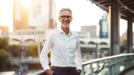 Joyful Senior Man in Casual White Shirt, Urban Background, Lively Expression