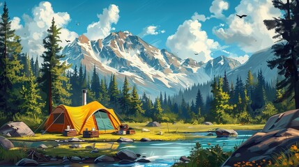 Great Outdoors Camping Illustration, Mountain Landscape Art, Camping Life Hiking Adventure Concept, Travel Tourism Artwork Backdrop