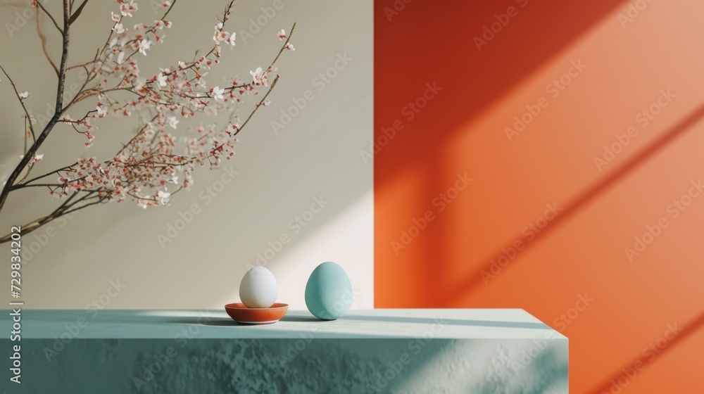 Poster two eggs sitting on top of a table next to a vase with a branch of a blossoming tree in front of an 