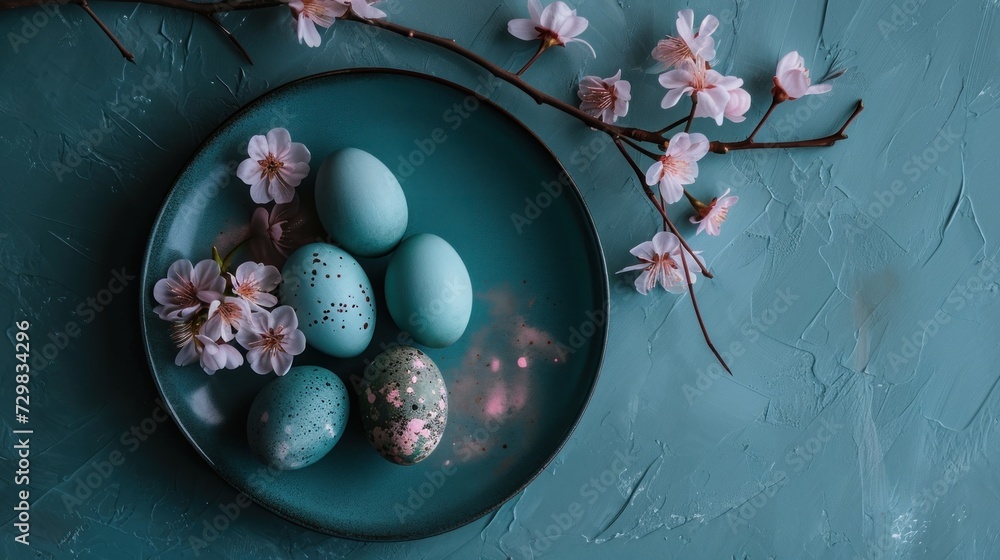 Aufkleber a plate that has some eggs in it and some flowers on the side of the plate and a branch with some pi