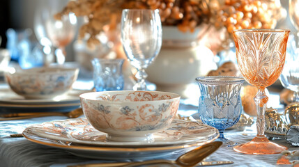  a close up of a plate with a bowl on it and a cup and saucer on a table with other plates and silverware and a vase in the background.