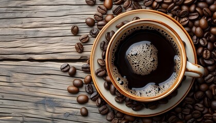 A coffee cup full of black coffee on a wood background with coffee beans