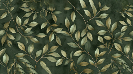  a green and gold leafy wallpaper with a black background and gold leaves on a dark green wallpaper with a black background and gold leaves on a dark green background.