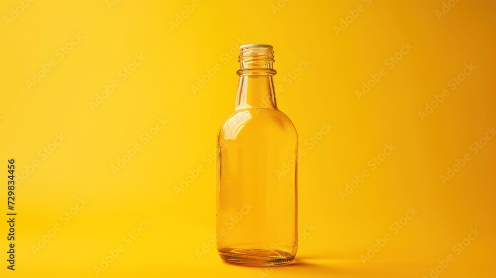 Poster an empty glass bottle sitting on top of a yellow table next to a bottle of wine on a yellow backgrou