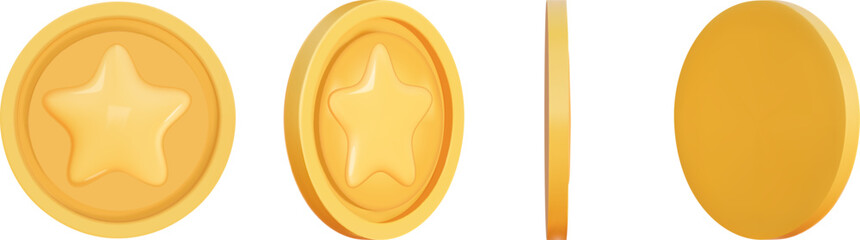 Gold Coin set 3d render. Game Money on white background. Coin with star for game reward and prize. Vector 3d illustration.
