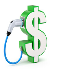 Dollar sign with car charger electric plug - 3D illustration - 729834495