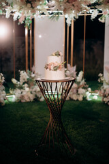 elegant white two-tiered wedding cake decorated with flowers on a small table against the backdrop of a wedding arch