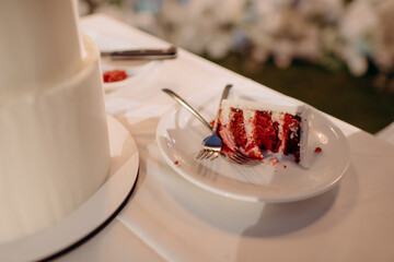 unevenly cut celebratory wedding cake with crusty edges, crumbs, dirty cutlery, leftovers