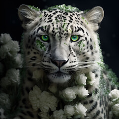 snow leopard portrait with green eyes high quality photograph