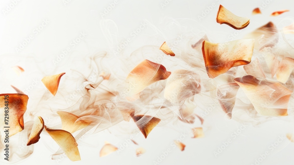 Poster a close up of a bunch of food on a white surface with smoke coming out of the top of the image and t