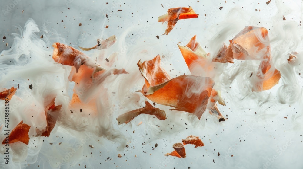 Poster a group of orange and white objects floating in the air in front of a white cloud of smoke and dirt 