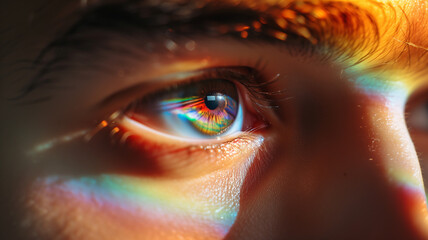 the person's eye is highlighted with iridescent rainbows