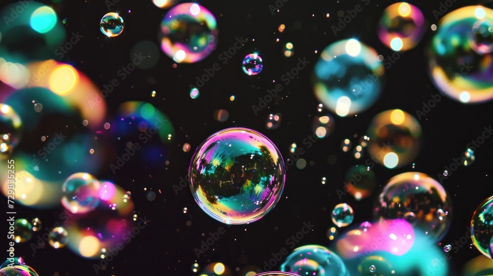 Poster a bunch of soap bubbles floating in the air on a black background with multicolored bubbles floating