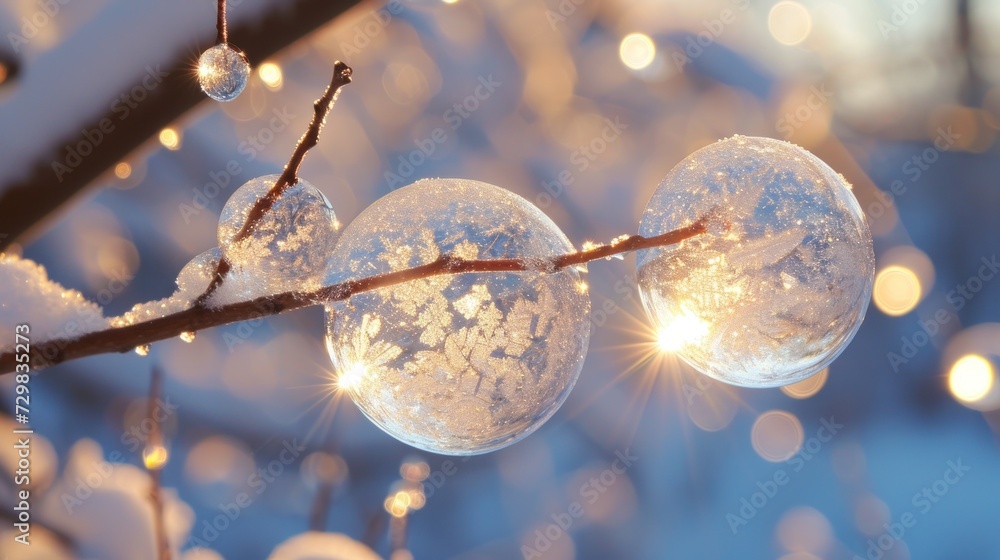 Poster a close up of three bubbles on a tree branch with snow on the branches and the sun shining through t