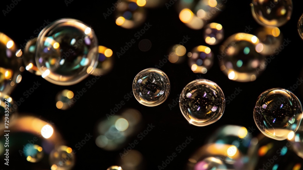 Poster a group of bubbles floating on top of a black surface with lots of bubbles floating on top of each o