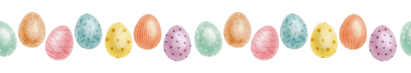 Cute colorful Easter eggs. Seamless border of with Easter Eggs with Pastel Colors. Isolated watercolor illustration. Template for Easter cards, covers, posters and invitations. © Fedulova_art