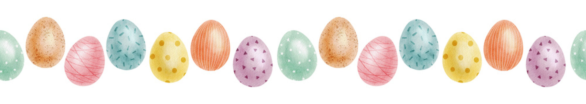 Cute colorful Easter eggs. Seamless border of with Easter Eggs with Pastel Colors. Isolated watercolor illustration. Template for Easter cards, covers, posters and invitations.
