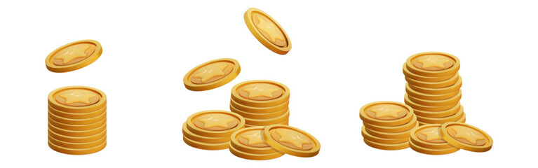 Game Coin Stack set 3d render isolated. Gold Money on white background. Coin with star for game reward and prize. Vector 3d illustration.