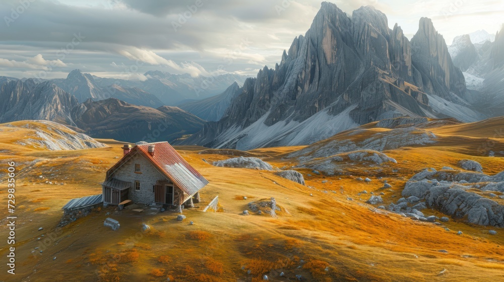 Aufkleber a painting of a house in the middle of a mountain range with a mountain range in the background and 