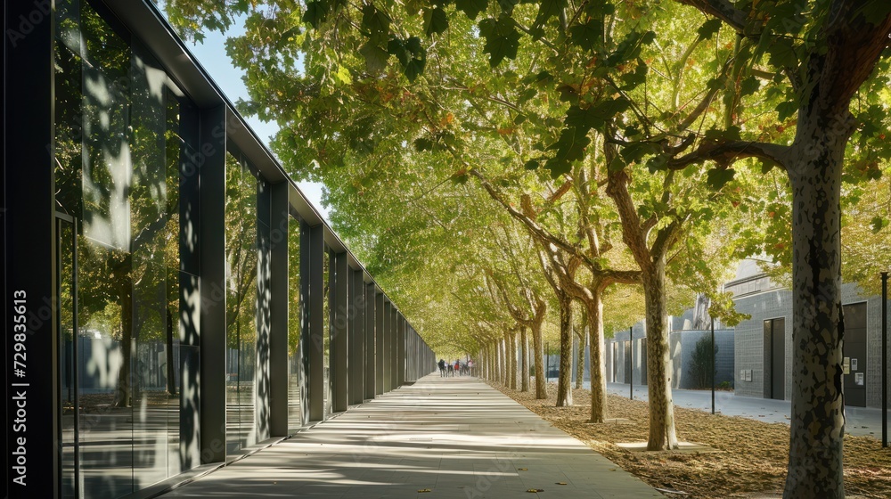 Poster a row of trees on a sidewalk next to a sidewalk with a fence on one side and a row of trees on the o