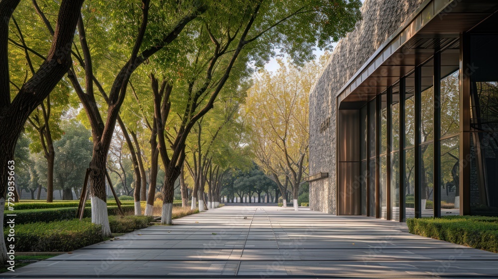 Poster a tree lined sidewalk in front of a building with glass walls and trees lining both sides of the wal
