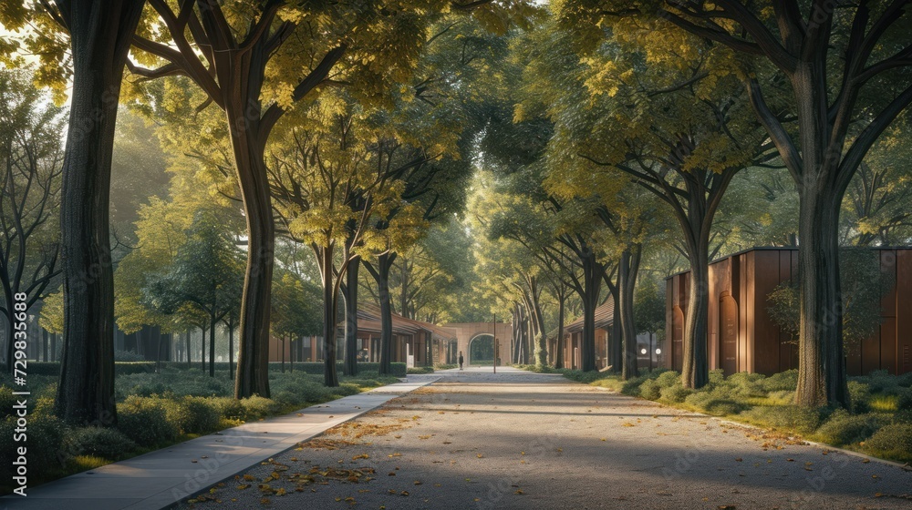 Aufkleber a painting of a tree lined street with a building on one side and trees on the other side of the str