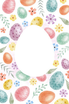 Frame of cute colorful Easter eggs. Paschal Concept with Easter Eggs with Pastel Colors. Isolated watercolor illustration. Design for Easter cards, covers, posters and invitations.