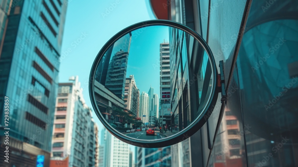 Poster a rear view mirror on the side of a building with a cityscape in the back ground and a bus on the ot