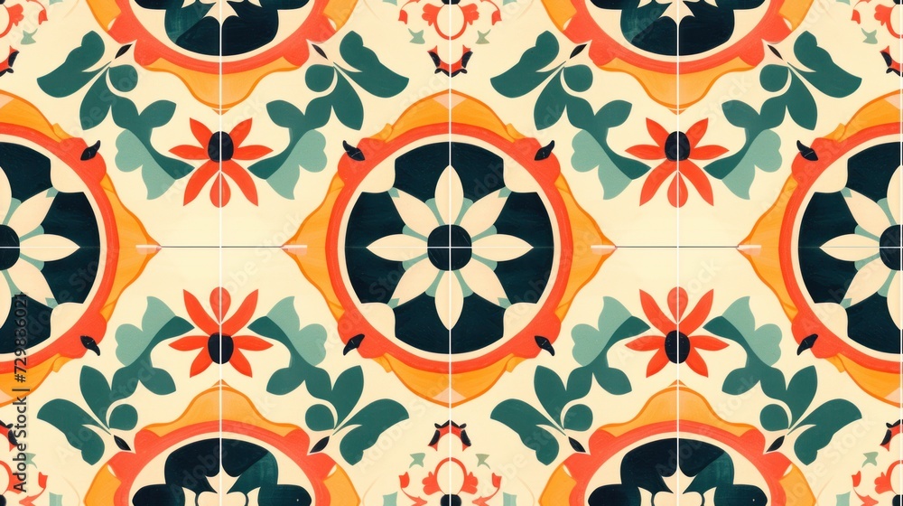 Poster a close up of a tiled wall with a flower design on the bottom of the wall and a circle design on the