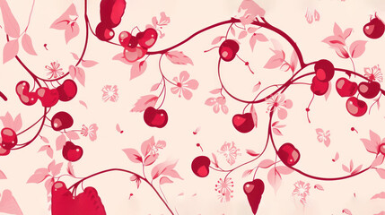  a pink and red wallpaper with cherries and leaves on a light pink background with a white back ground and a white back ground with a light pink back ground.
