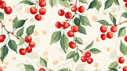  a pattern of cherries on a white background with green leaves and red berries on a branch with green leaves and red berries on a white background with green leaves.