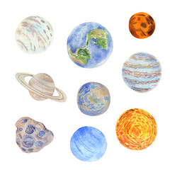 Watercolor set of space planets and meteorite. Solar system objects. Hand drawn illustration on transparent.