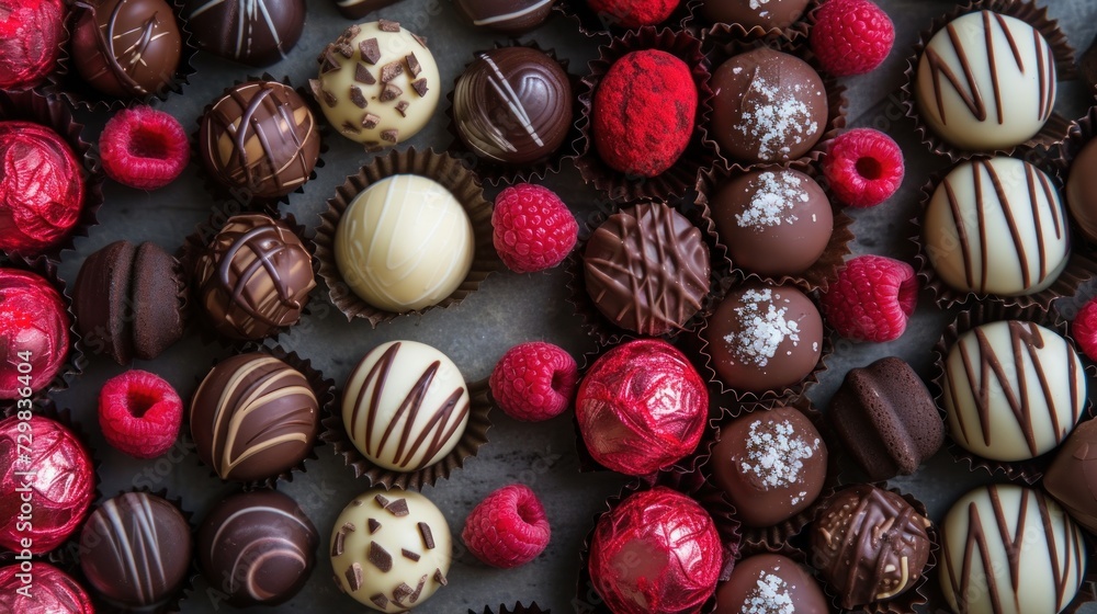 Aufkleber a bunch of chocolates with raspberries and chocolates on the side of the chocolates are red and whit