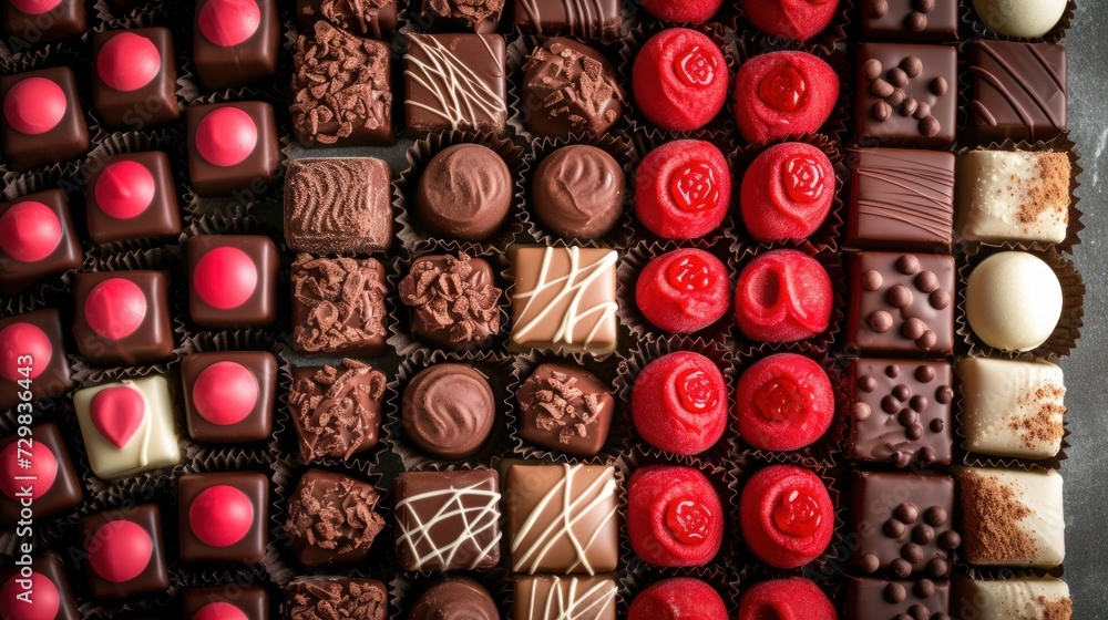 Poster a close up of a box of chocolates with red, white, and chocolates on top of each of the chocolates a