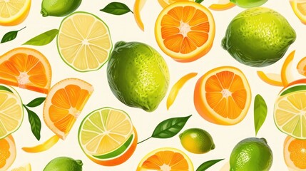  a painting of oranges, limes, and lemons with leaves on a white background with green leaves and oranges on the sides of the oranges.