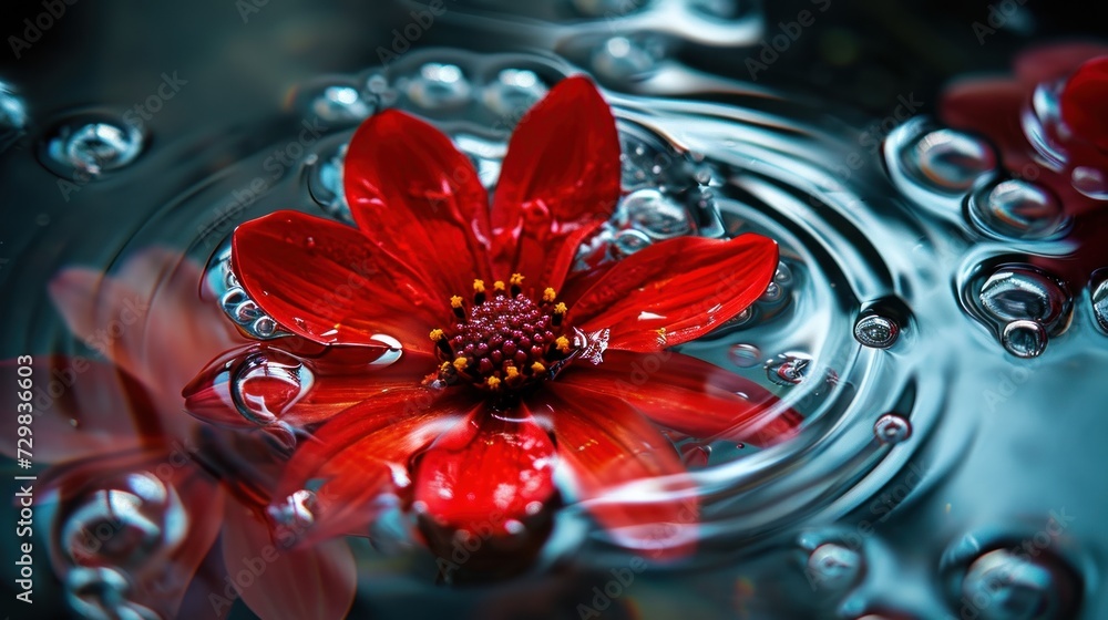 Poster a red flower floating on top of a body of water with drops of water on the bottom and bottom of the 