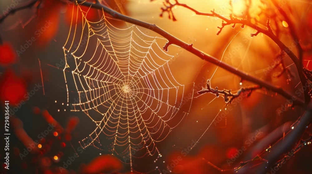 Poster a spider web sitting on top of a tree branch next to a branch with leaves and drops of dew on the sp